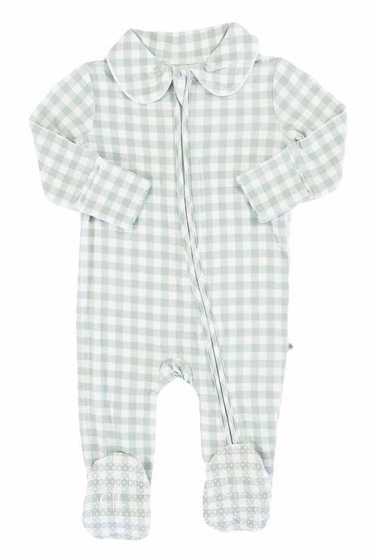 Collar Zipper Footie | Moss Gingham