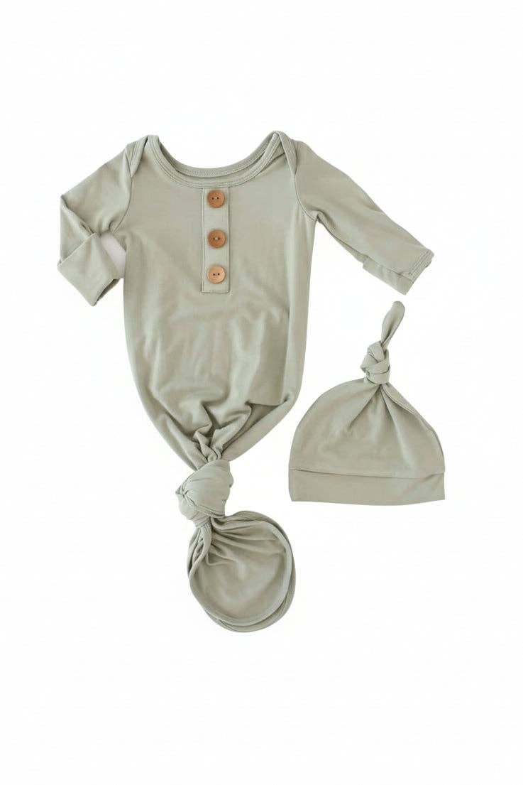 Solid Moss Bamboo Baby Knot Gown & Hat: Newborn / 7-14lbs+