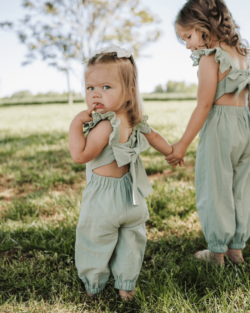 Bailey's Blossoms - Sloane Bow-Back Jumpsuit - Soft Eucalyptus: 9-12months