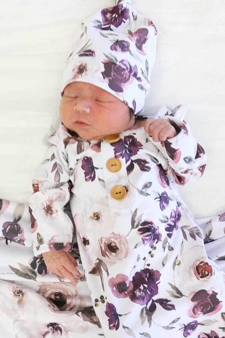 Purple Floral Newborn Baby Knot Gown & Hat Set