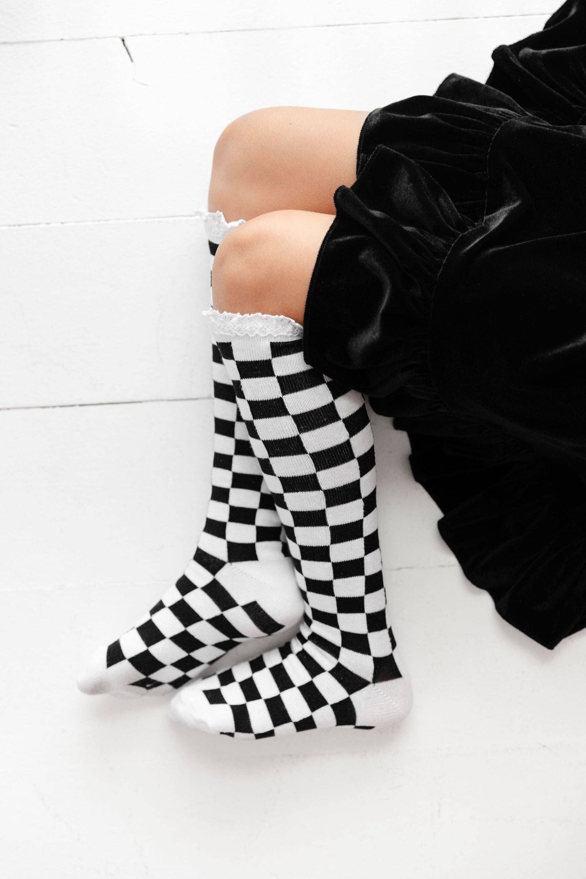 Checkered Lace Top Knee High Socks - White/Black: 0-6 MONTHS