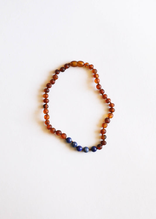 Raw Cognac Baltic Amber + Lapis Lazuli Beaded  Necklace :11" Baby Necklace