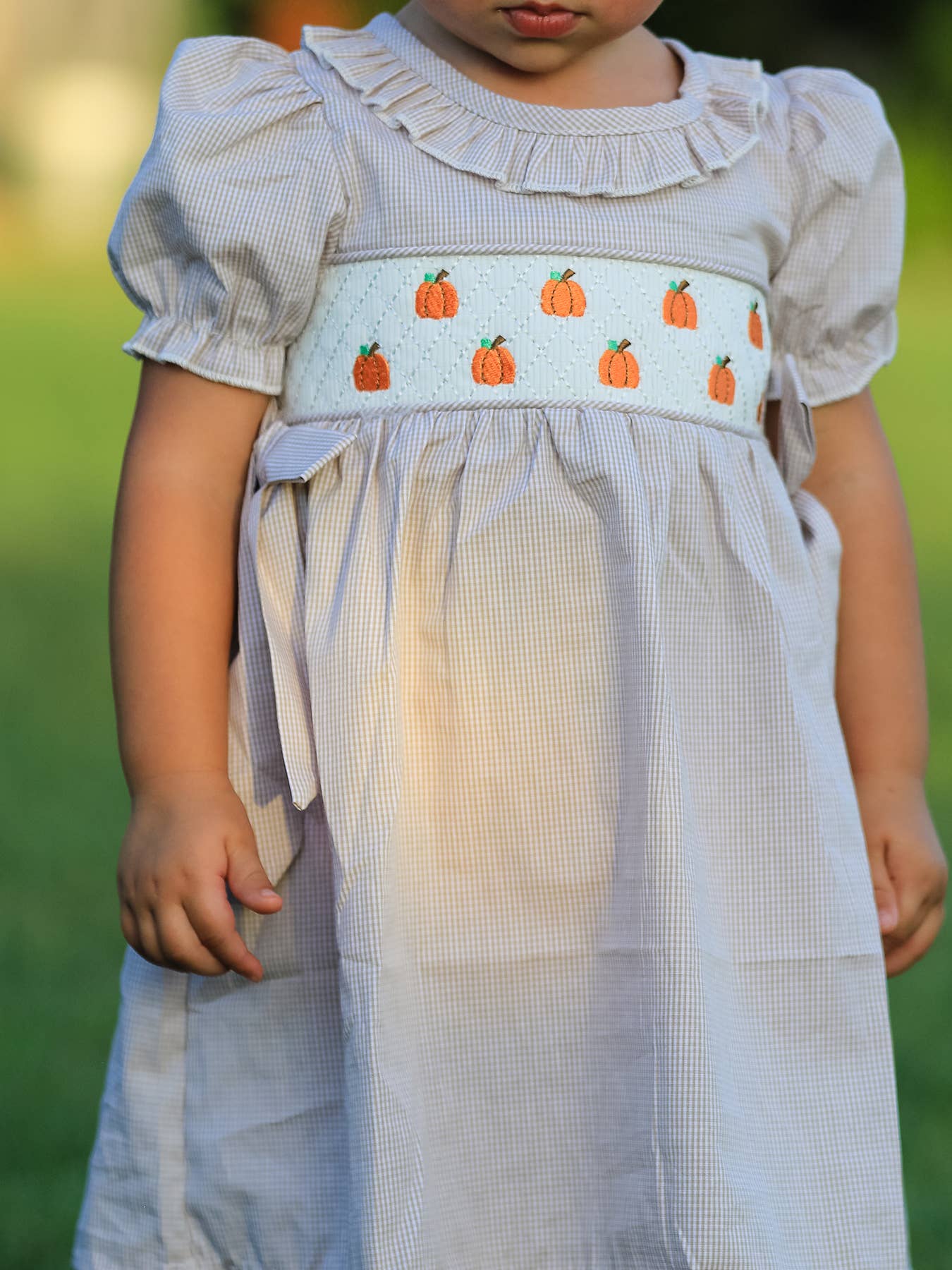 Pumpkin Embroidery Smock Plaid Girls Dress