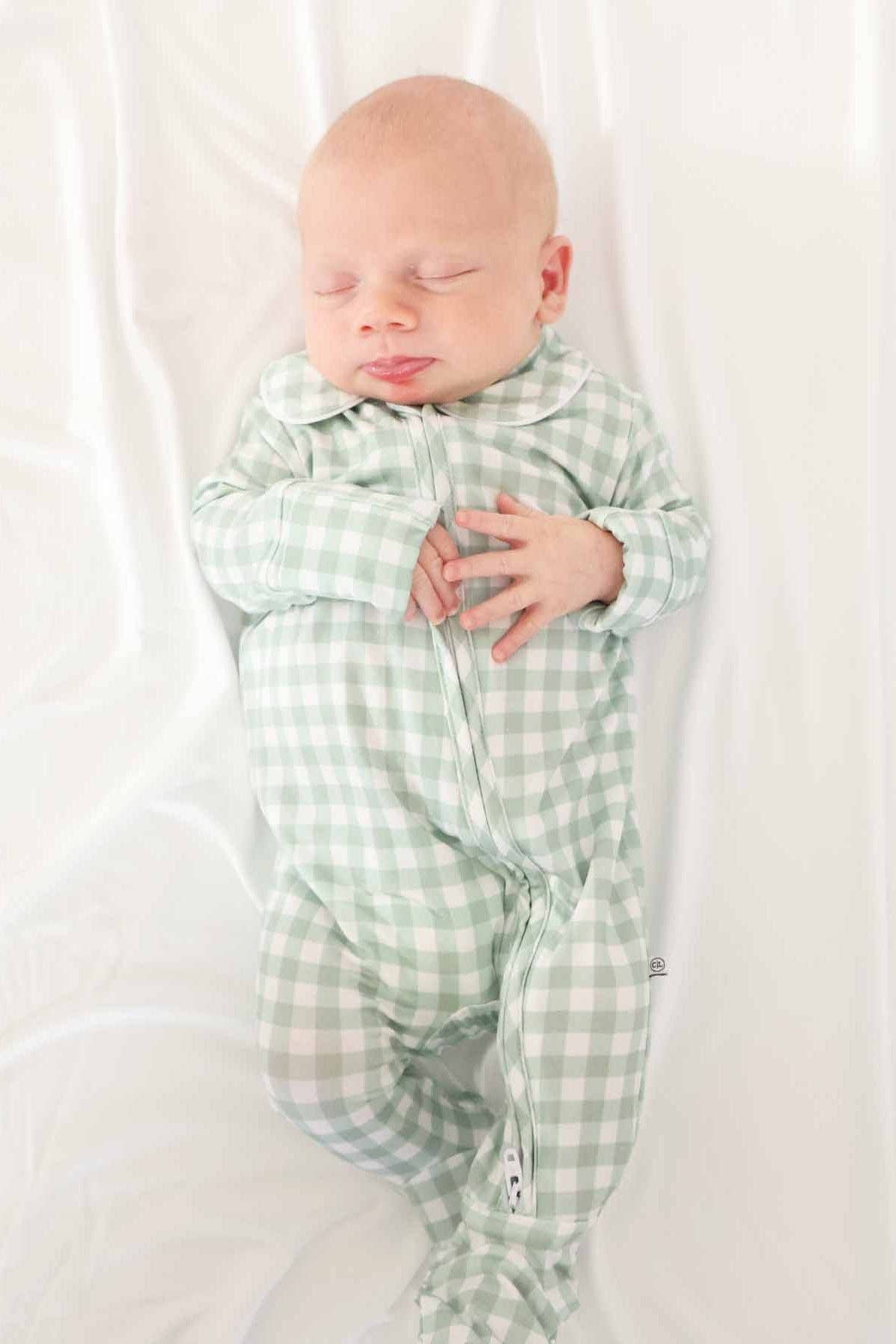 Collar Zipper Footie | Moss Gingham