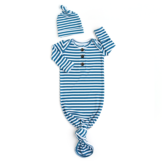 Cooper Blue Ribbed GOWN Bamboo: Gown + Knot Hat