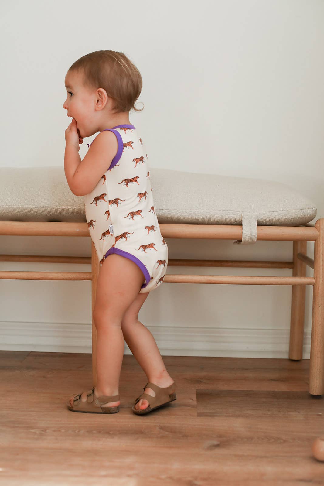 Purple Tiger Bamboo Henley Onesie with Snaps 
