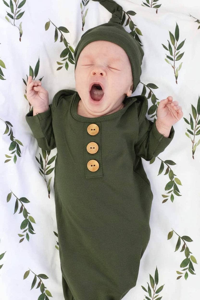 Solid Olive Bamboo Baby Knot Gown & Hat: Newborn / 7-14lbs+