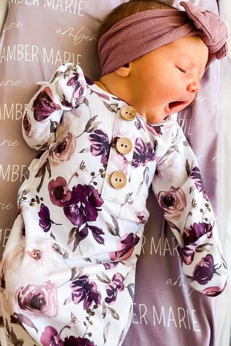 Purple Floral Newborn Baby Knot Gown & Hat Set