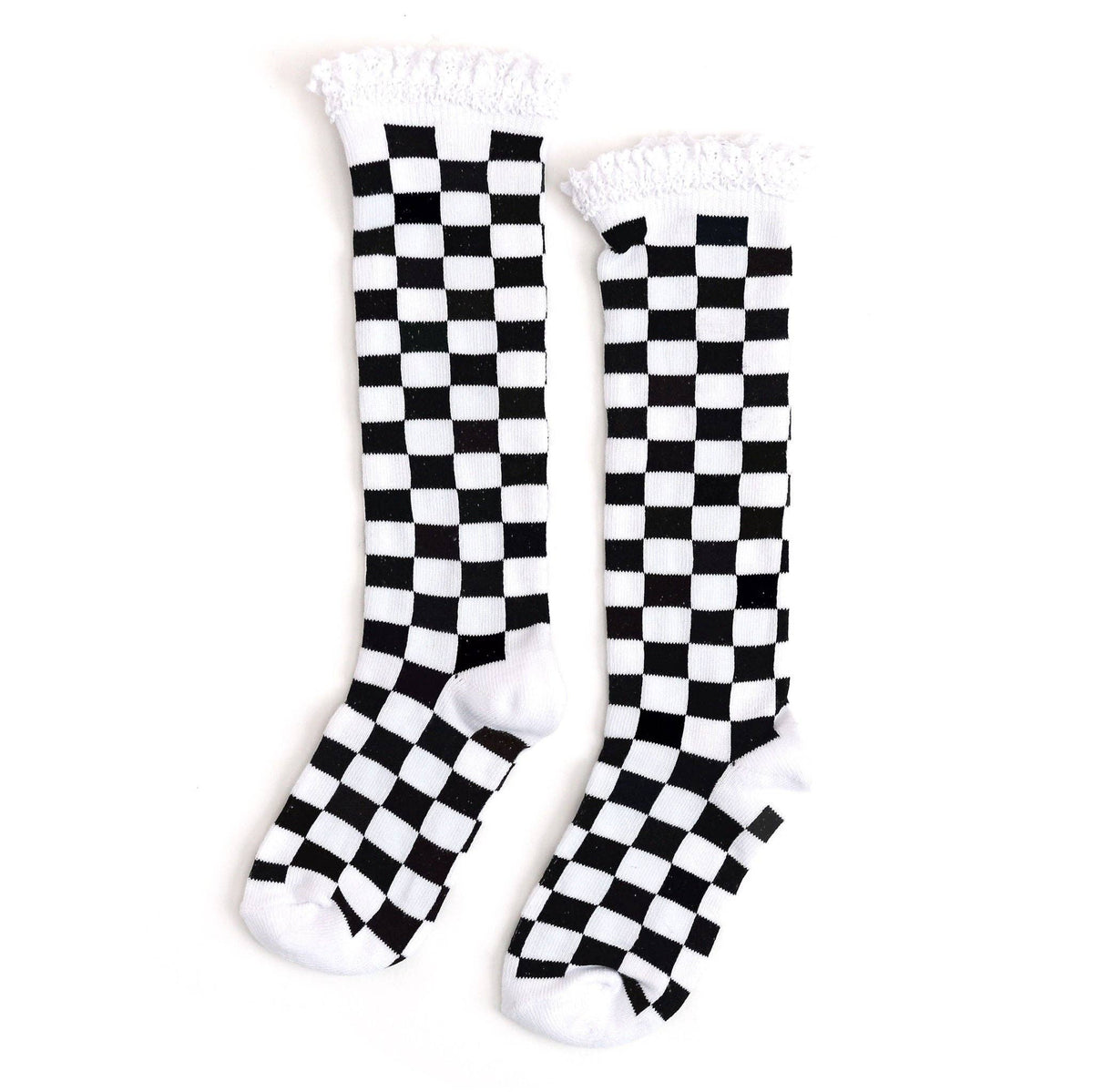 Checkered Lace Top Knee High Socks - White/Black: 0-6 MONTHS