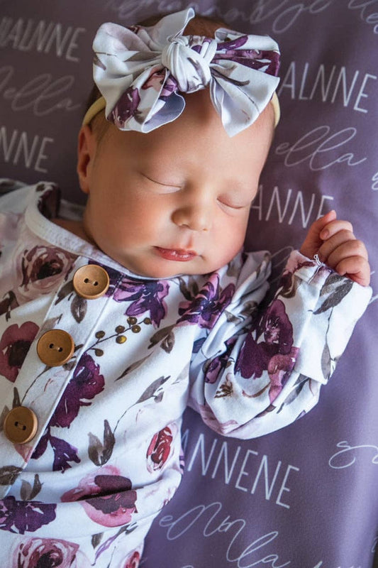 Purple Floral Newborn Baby Knot Gown & Hat Set