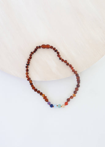 CanyonLeaf - Raw Cognac Amber + CHAKRA Crystals || Necklace: 11" Baby Necklace