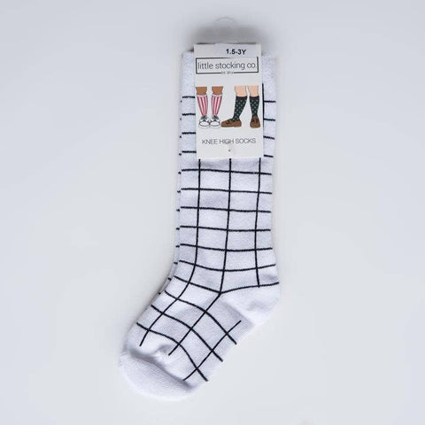Little Stocking Co. - White and Black Grid Knee Highs