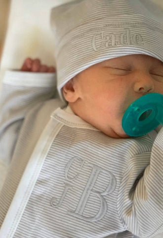 Silver Tiny Stripe Footie and Hat: Newborn