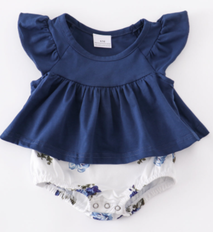 Navy Floral Ruffle Baby Romper