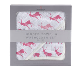 Pink Deer Hooded Towel and Washcloth Set