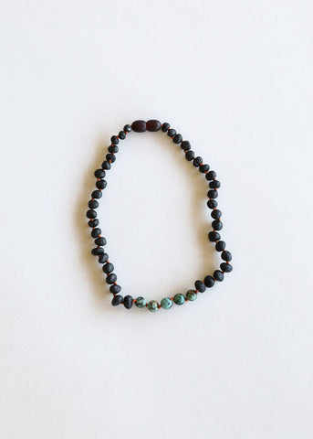 CanyonLeaf - Raw Black Amber + Turquoise Jasper Necklace: 11" Baby Necklace