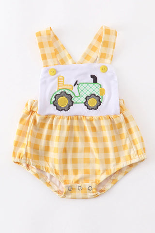 Yellow Plaid Tractor Applique Baby Bubble